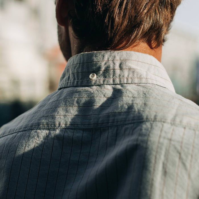 fit model wearing The Jack in Parkway Stripe, back collar shot