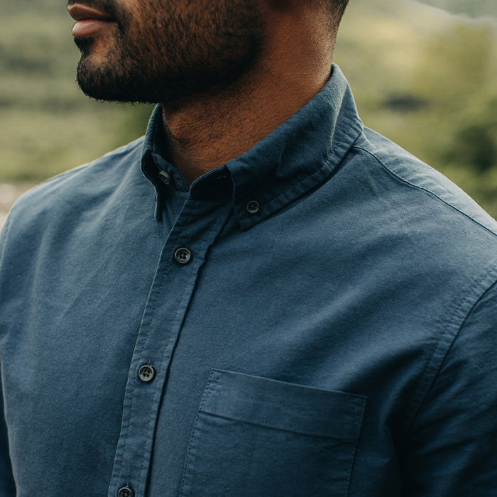 fit model showing off collar on The Jack in Prussian Blue Oxford