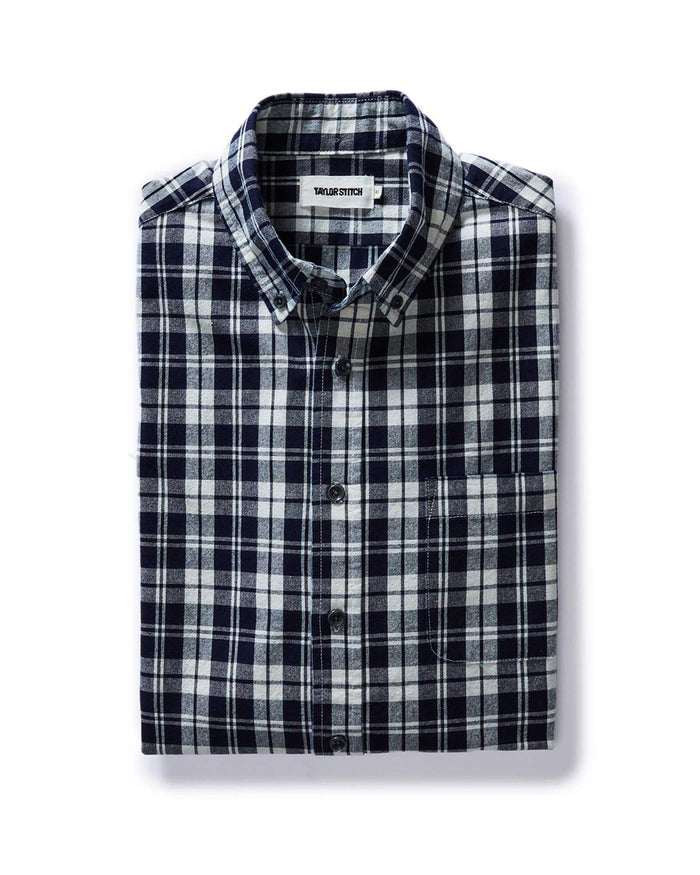 folded flatlay of The Jack in Rinsed Indigo Plaid