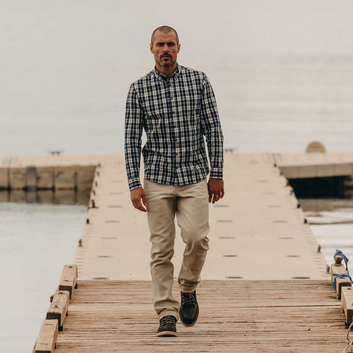 fit model walking wearing The Jack in Rinsed Indigo Plaid