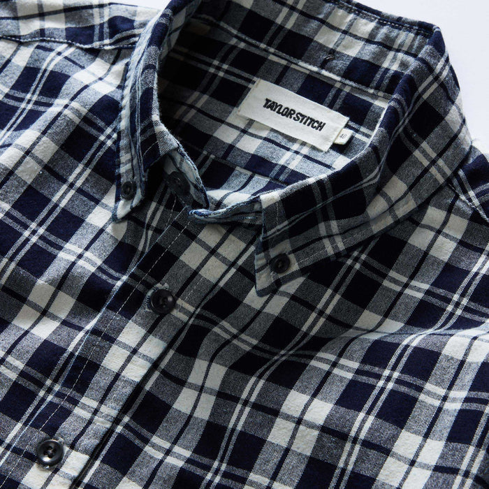 material shot of the collar on The Jack in Rinsed Indigo Plaid