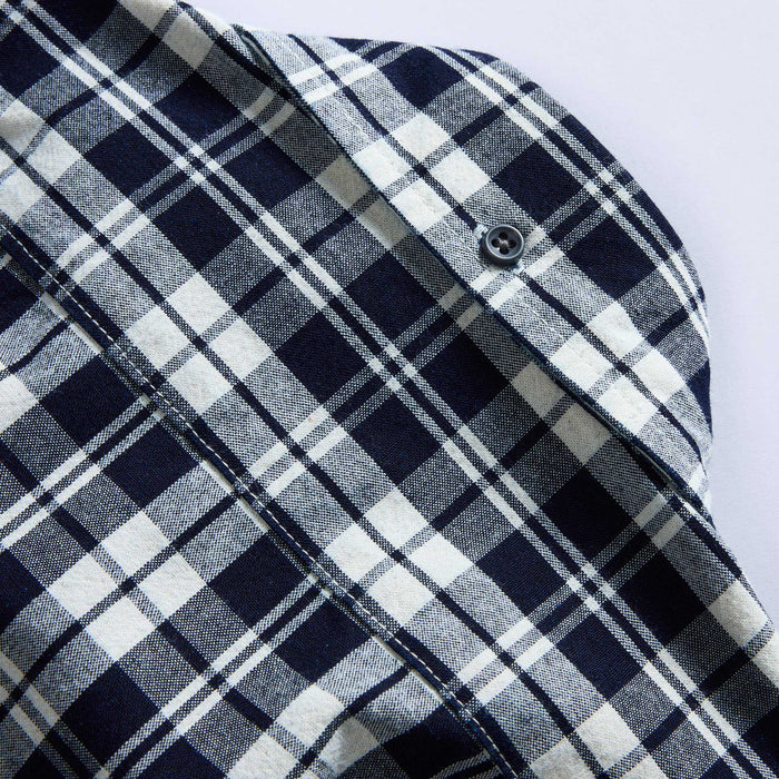 material shot of the back collar on The Jack in Rinsed Indigo Plaid
