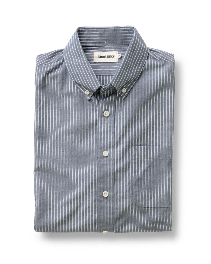 folded flatlay of The Jack in Rinsed Indigo Stripe