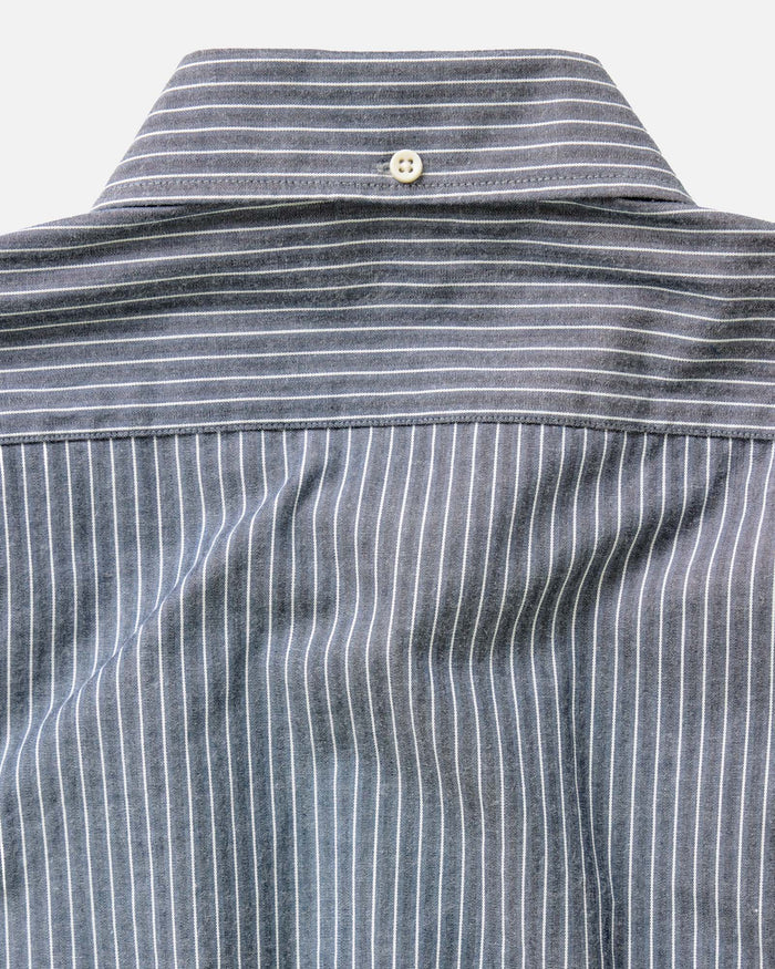 material shot of the collar on The Jack in Rinsed Indigo Stripe