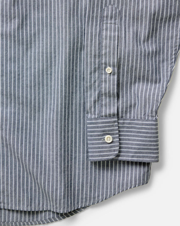 material shot of the back collar on The Jack in Rinsed Indigo Stripe