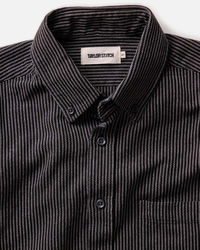 fit model showing off the collar on The Jack in Roped Black Indigo