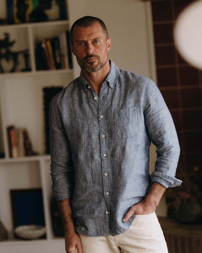 fit model with his hand in his pocker wearing The Jack in Sky Stripe Linen