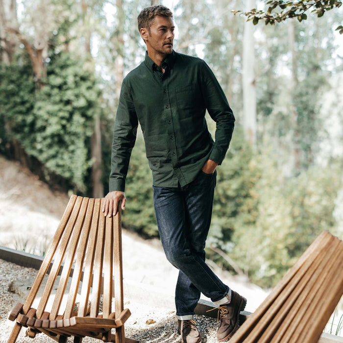 fit model posing against a chair wearing The Jack in Spruce Houndstooth Check