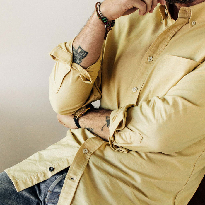 our fit model wearing The Jack in Straw Everyday Oxford