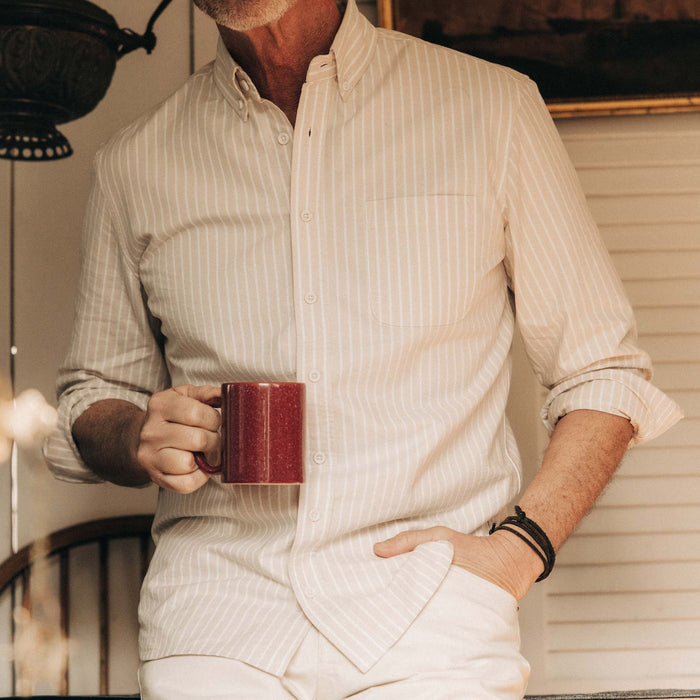 fit model showing the front of The Jack in Sunburn Stripe Oxford