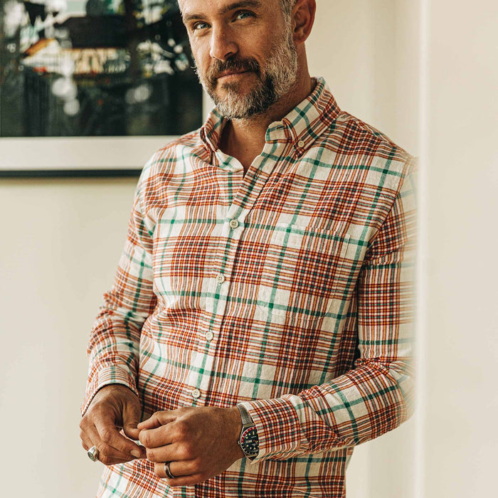 our fit model wearing The Jack in Vintage Red Madras—smiling, looking center
