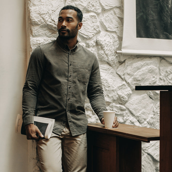 fit model standing by a wall in The Jack in Walnut Cord
