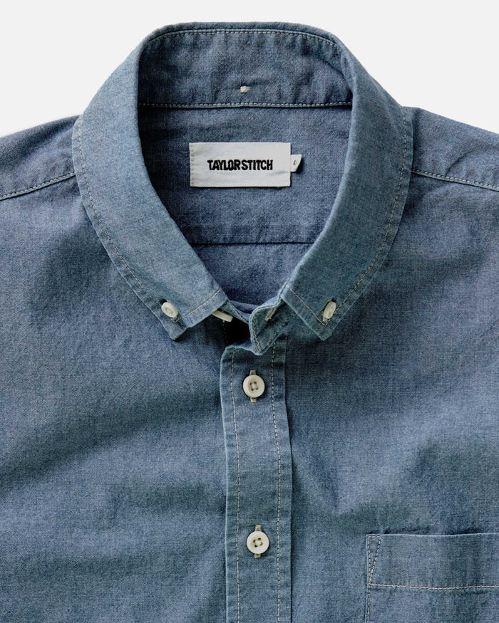 material shot of the collar on The Jack in Washed Indigo Chambray