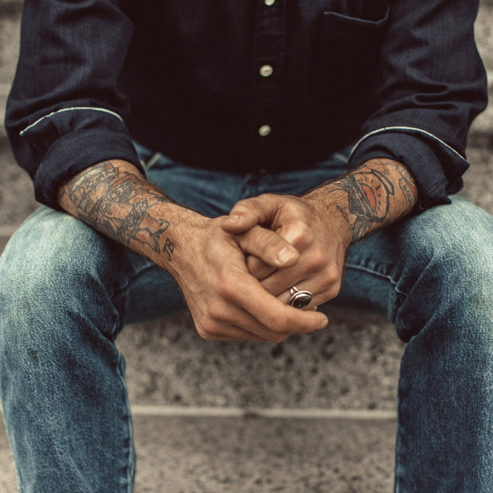 Our fit model wearing The Jack in Washed Indigo Twill.