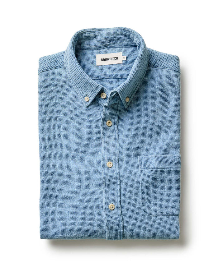 folded flatlay of The Jack in Washed Indigo Waffle