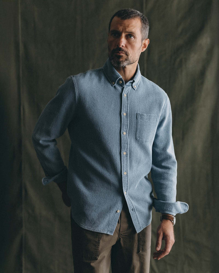 fit model posing in The Jack in Washed Indigo Waffle