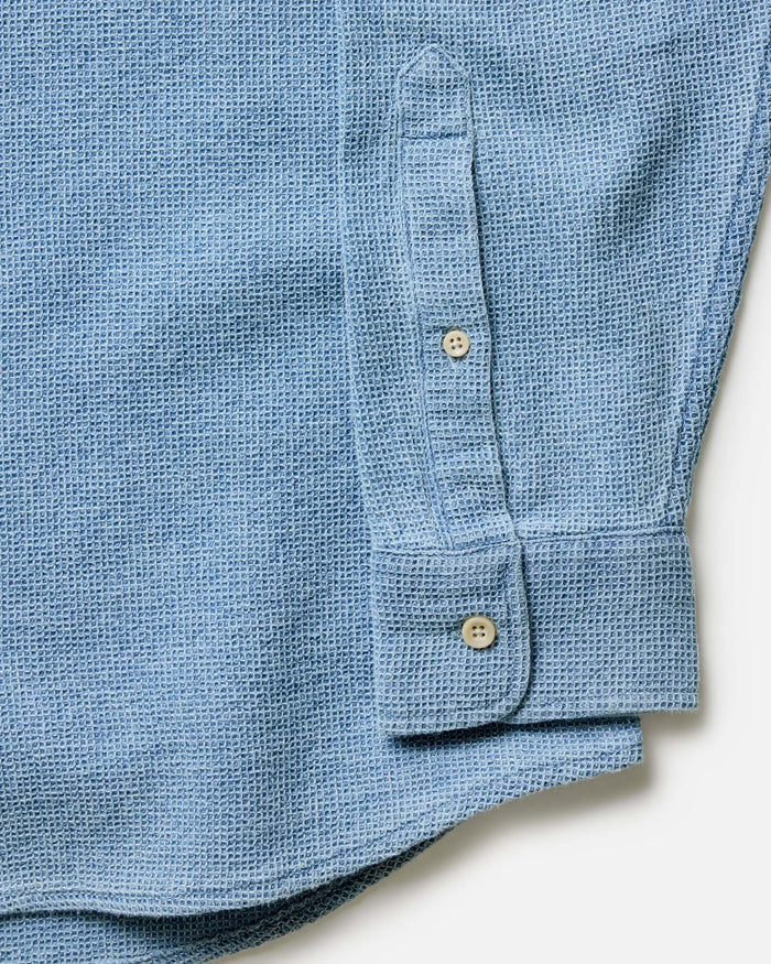 material shot of the back collar on The Jack in Washed Indigo Waffle