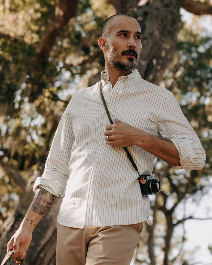 fit model walking wearing The Jack in White Stripe Oxford