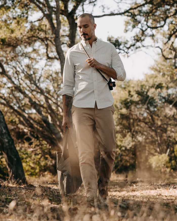 fit model posing in The Jack in White Stripe Oxford