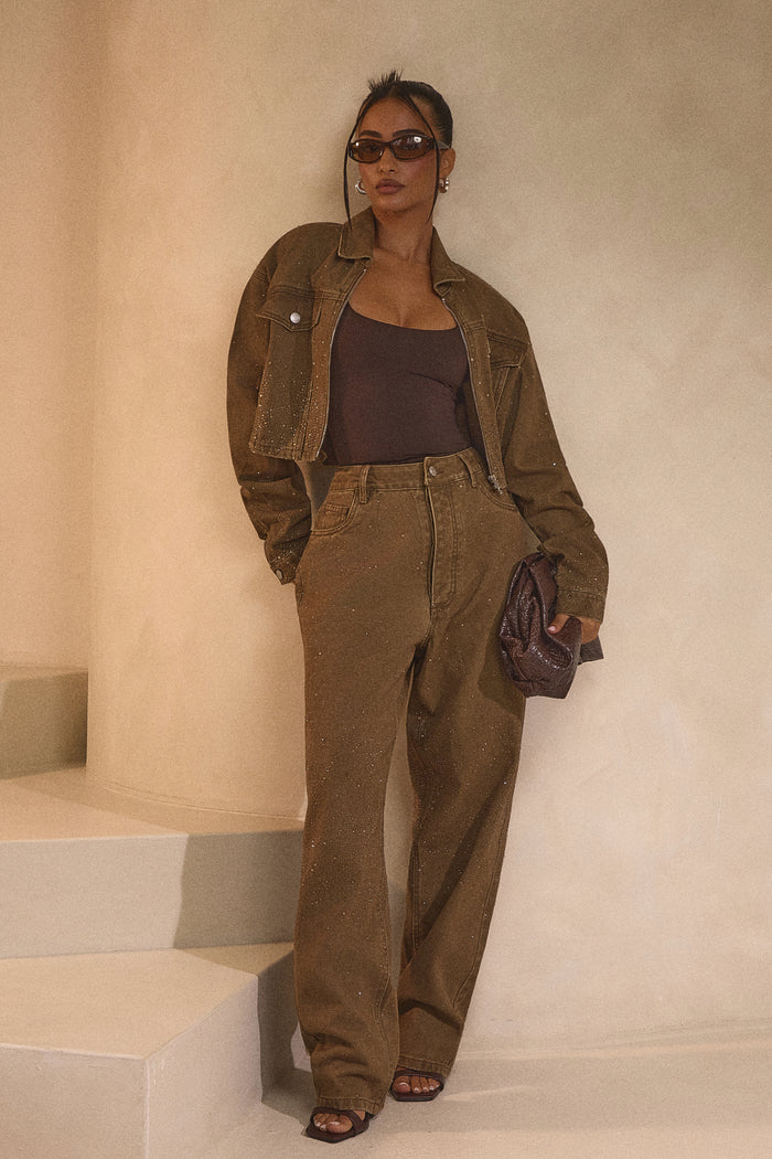 The Kai Clear Rhinestone Denim Jacket in Light Brown