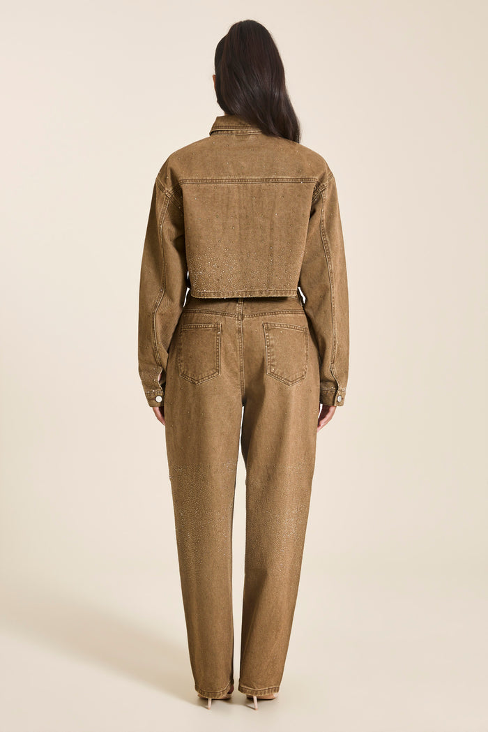 The Kai Clear Rhinestone Denim Jacket in Light Brown