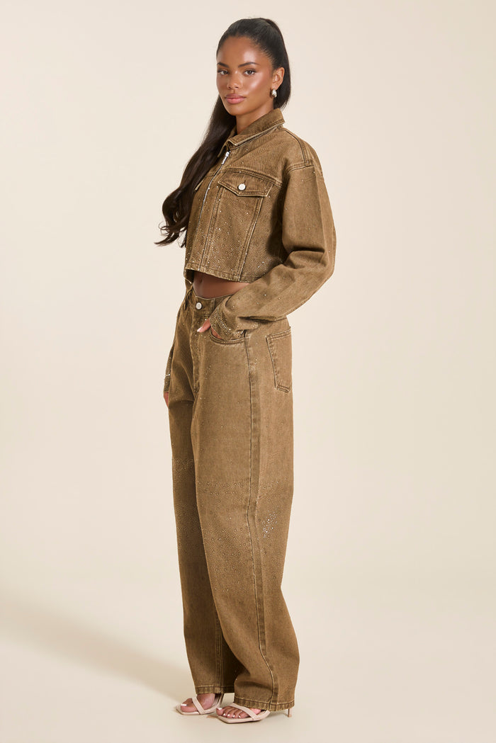 The Kai Clear Rhinestone Denim Jacket in Light Brown