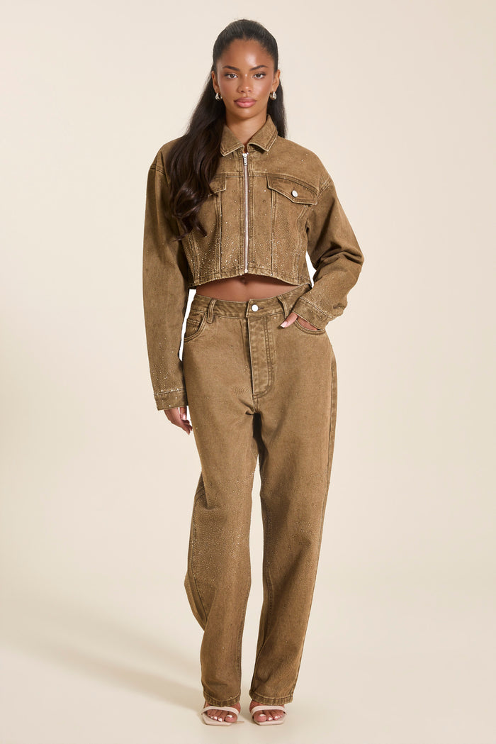 The Kai Clear Rhinestone Denim Jacket in Light Brown