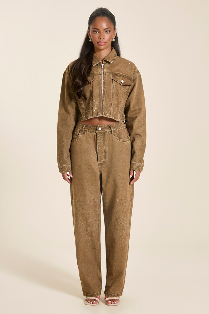 The Kai Clear Rhinestone Denim Jacket in Light Brown