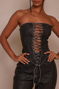 The Lace Up Front Leather Corset in Wash Black