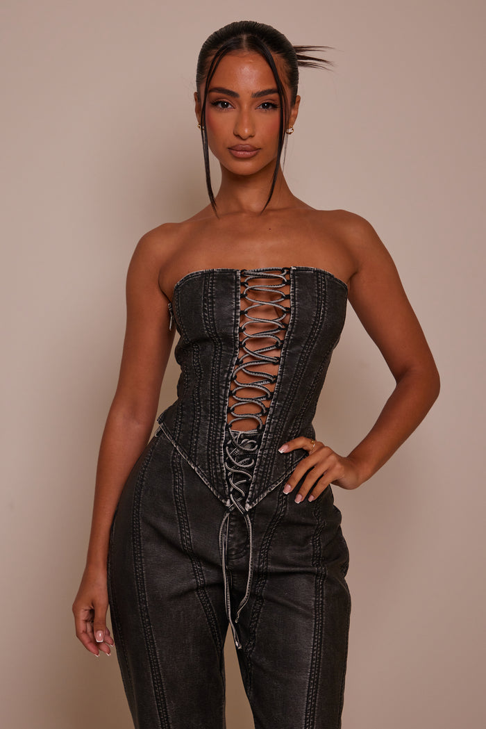 The Lace Up Front Leather Corset in Wash Black