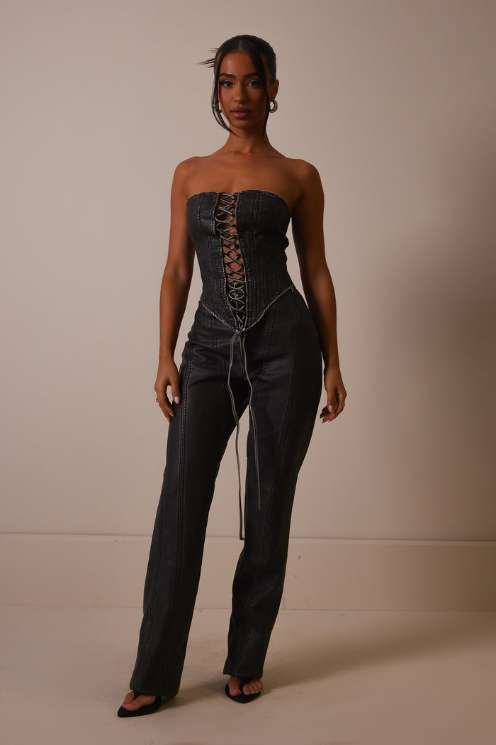 The Lace Up Front Leather Corset in Wash Black