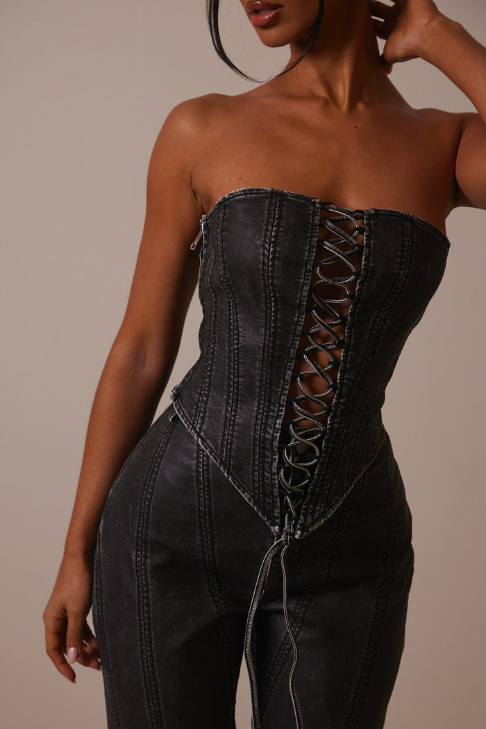 The Lace Up Front Leather Corset in Wash Black