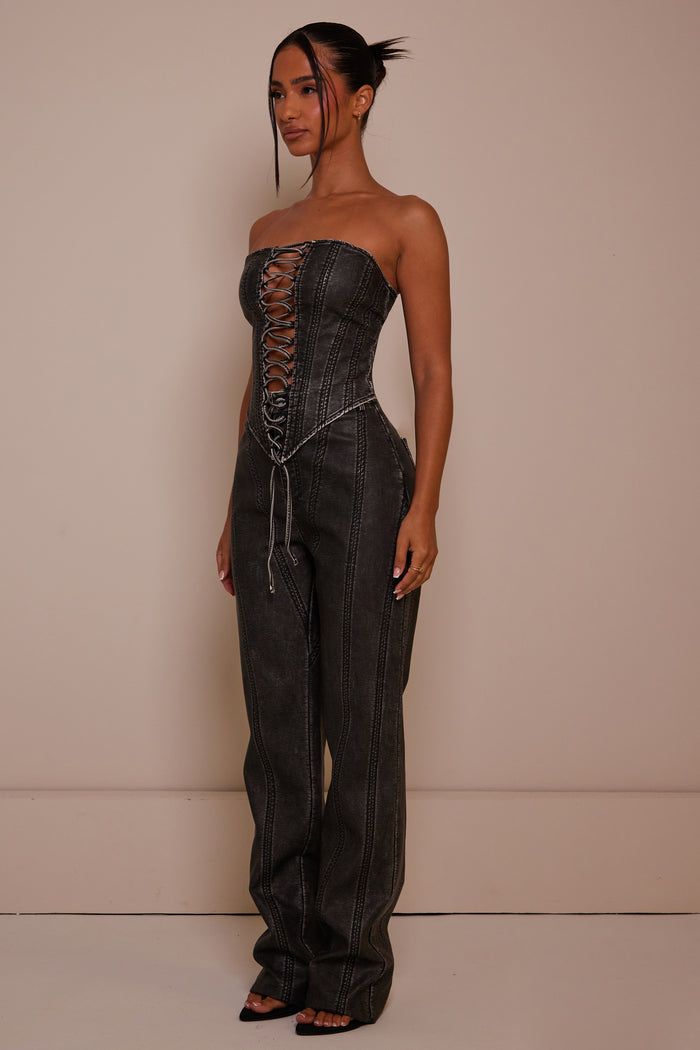 The Lace Up Front Leather Corset in Wash Black