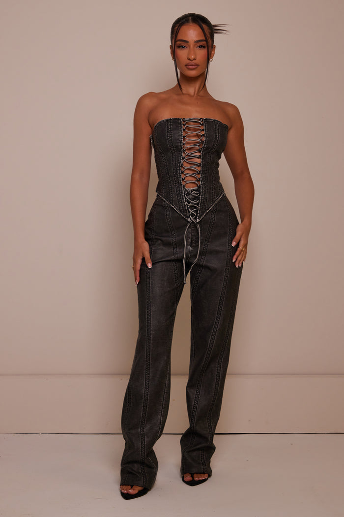 The Lace Up Front Leather Corset in Wash Black