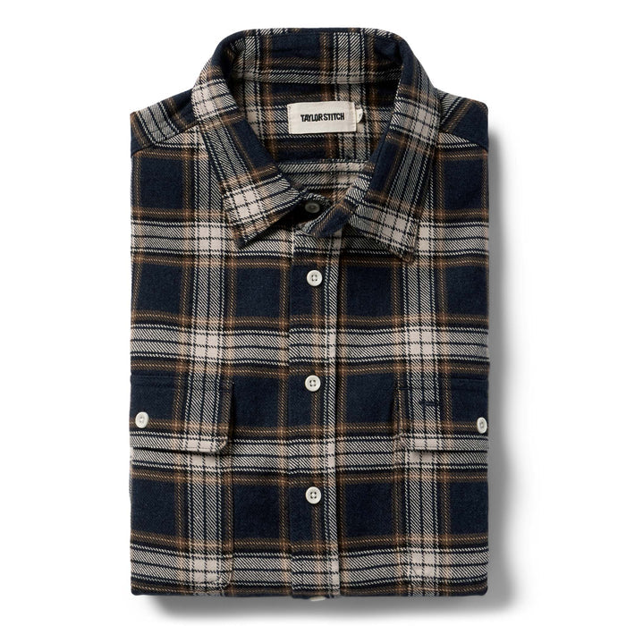 material shot of The Ledge Shirt in Admiral Plaid folded
