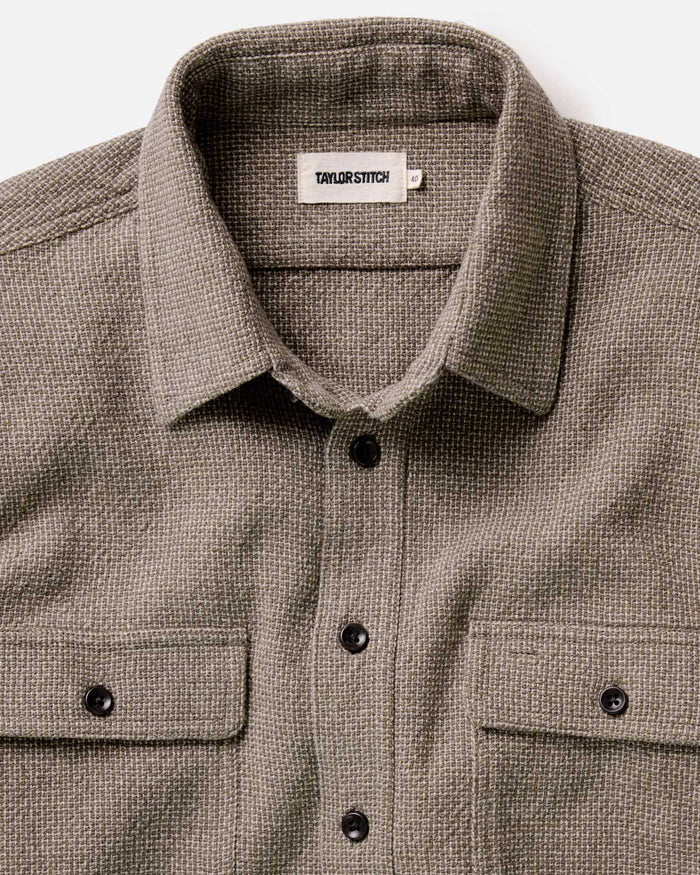 material shot of the collar on The Ledge Shirt in Army Linen Tweed