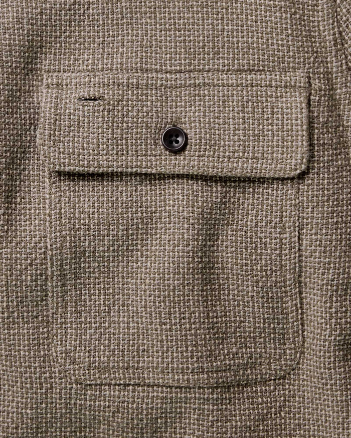 material shot of the pockets on The Ledge Shirt in Army Linen Tweed