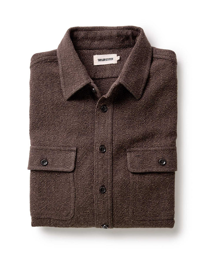 folded flatlay of The Ledge Shirt in Black Coffee Linen Tweed