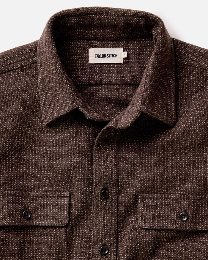 material shot of the collar on The Ledge Shirt in Black Coffee Linen Tweed