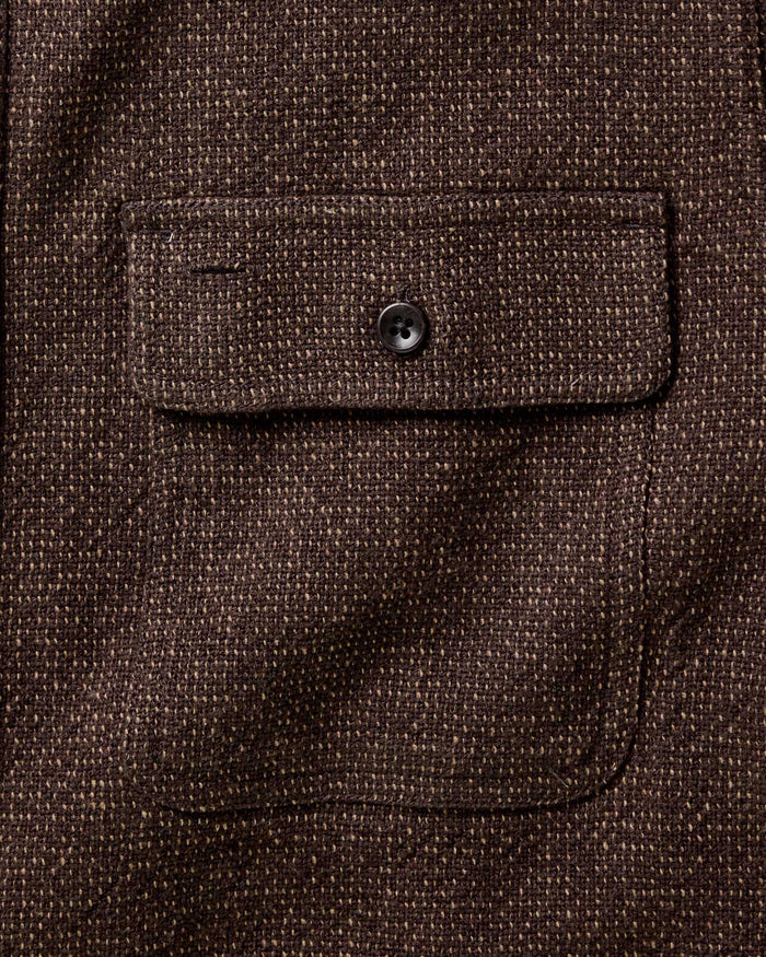material shot of the pocket on The Ledge Shirt in Black Coffee Linen Tweed