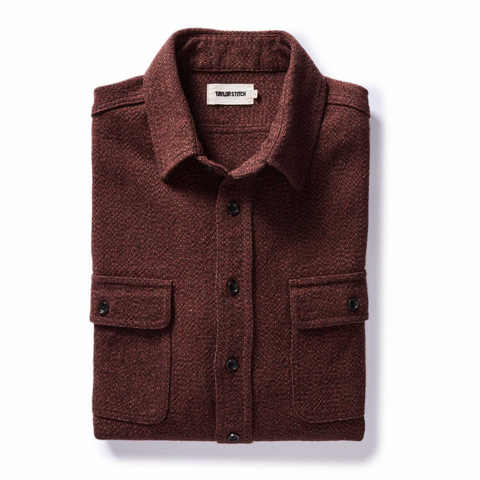 folded flatlay of The Ledge Shirt in Burgundy Linen Tweed