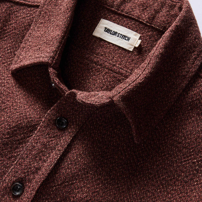 material shot of the collar on The Ledge Shirt in Burgundy Linen Tweed