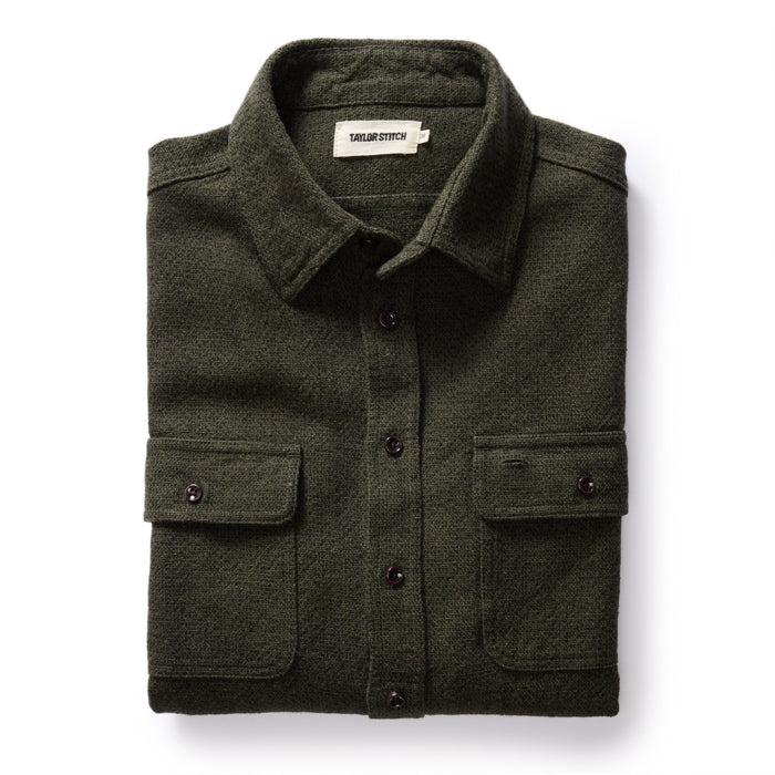 folded flatlay of The Ledge Shirt in Dark Forest Linen Tweed
