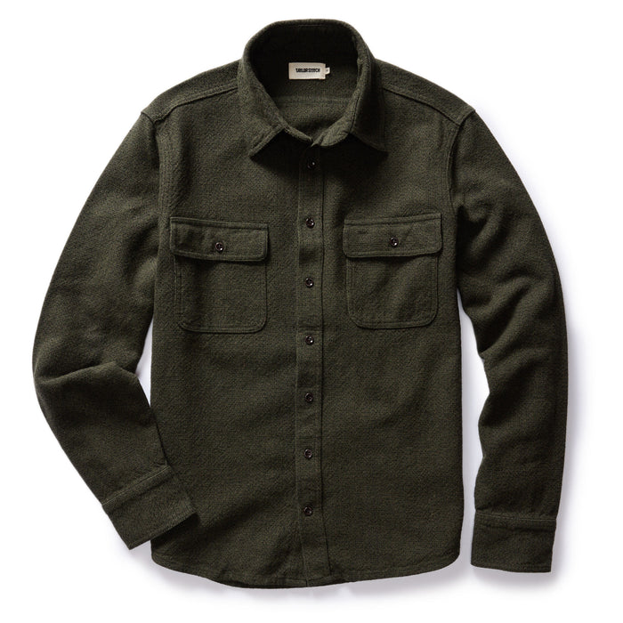 flatlay of The Ledge Shirt in Dark Forest Linen Tweed