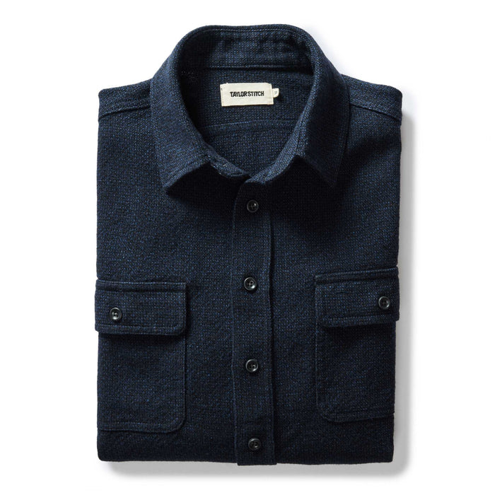 folded flatlay of The Ledge Shirt in Dark Navy Linen Tweed