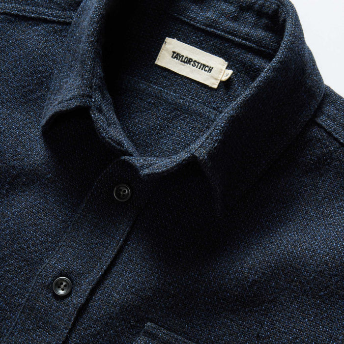 material shot of the collar on The Ledge Shirt in Dark Navy Linen Tweed