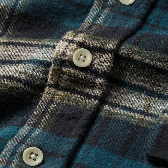 material shot of The Ledge Shirt in Deep Sea Plaid showing front placket and buttons
