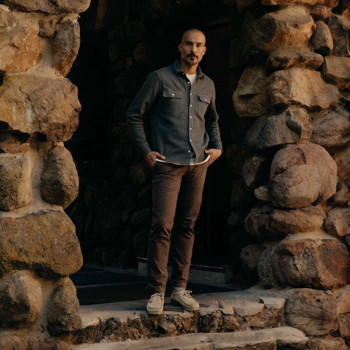 fit model posing in The Ledge Shirt in Deep Sea Twill