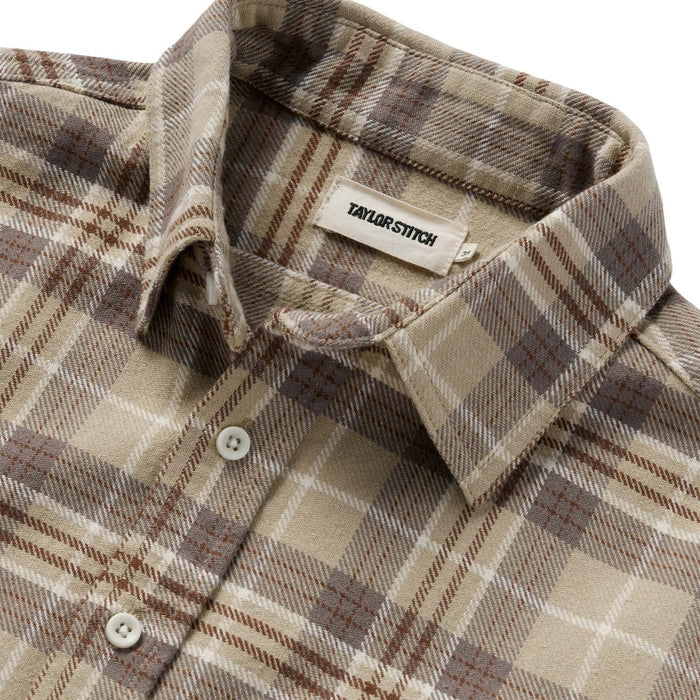 material shot of the collar on The Ledge Shirt in Fossil Plaid