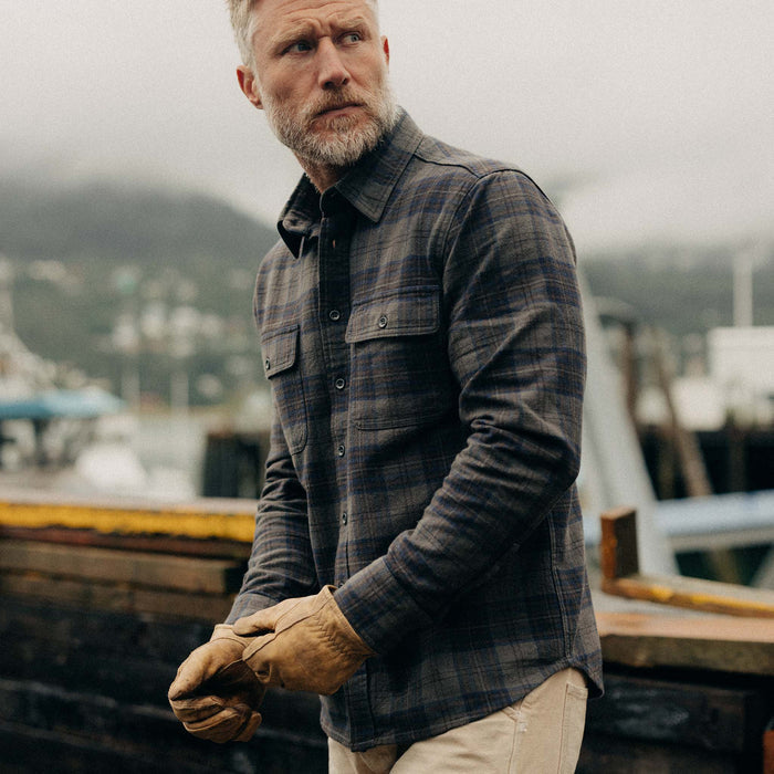 fit model wearing The Ledge Shirt in Heather Granite Plaid